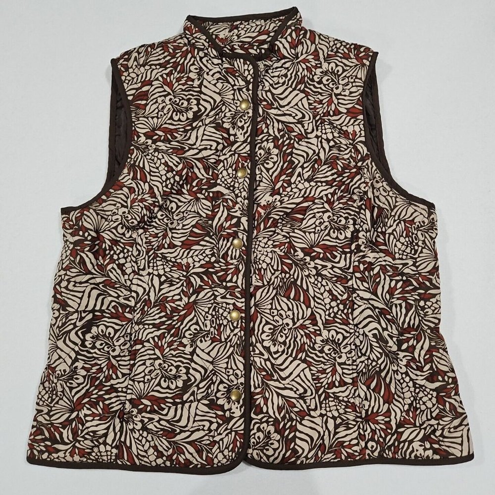 Croft & Barrow Womens Size Large Brown Maroon Floral Quilted Lined Vest Snap